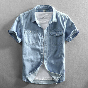 LDL2052# デニムシャツ　メンズ　カジュアルシャツ　半袖　ウエスタンシャツ　　ウォッシュ　薄手　無地　夏 ライトブルー　3XL