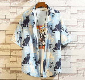 CSN267#アロハシャツ メンズ 半袖シャツ ハワイアン 可愛い 猫柄 カジュアル ゆったり サマーシャツ リゾート