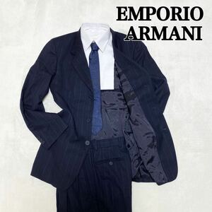 1円〜美品 EMPORIO ARMANI エンポリオアルマーニ スーツ セットアップ ネイビー ストライプ Lサイズ