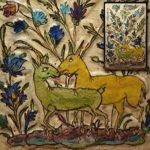 慶應◆18世紀 ペルシャ古陶 色絵鳥獣に草花文陶板 タイル 37×24cm ②