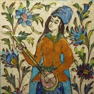 慶應◆18世紀 ペルシャ古陶 色絵女性に草花文陶板 タイル 37×23cm ③