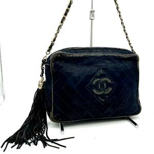 AY1016■CHANEL シャネル ダイヤステッチ チェーン Bag フリンジ付き バッグ 鞄 ショルダーバッグ 黒 ブラック ブランド 中古