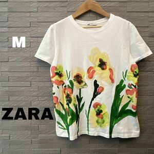 ザラ　ZARA 花柄 半袖Tシャツ Mサイズ 半袖 トップス 白　ホワイト　フェミニン　カットソー　インナー　ショートスリーブ