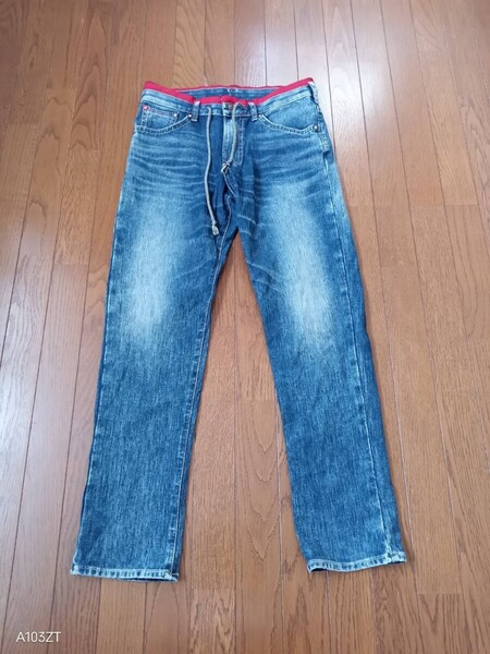 K-68【中古】EDWIN エドウィン Gパン デニム ウエスト部分に赤のステッチ入 フロントに紐がアクセント 右後ロゴ入 メンズ サイズ M