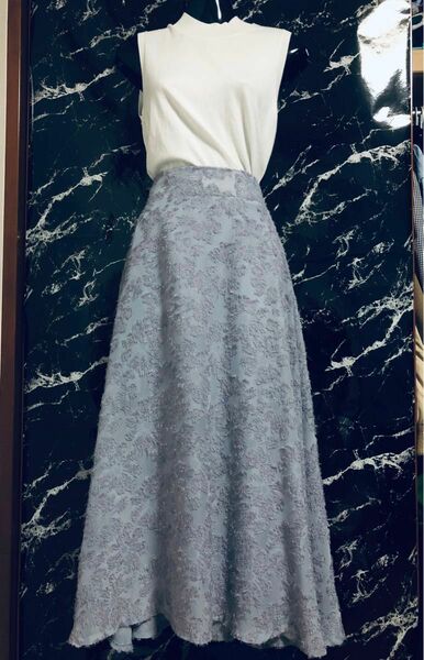 DHOLIC ブルー グレー 青 ロング スカート フレア 花柄 