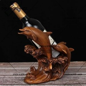  wine bottle holder resin dolphin parent . wave sea stand rack equipment ornament wood style wood grain sculpture carving image objet d'art ornament Inte rear living 