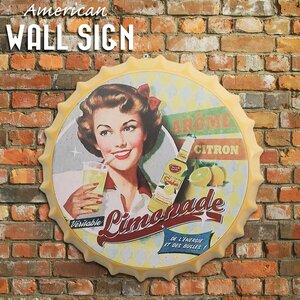 1 jpy ~ selling out .. tin plate signboard cover remone-do lemon wall autograph american miscellaneous goods Vintage american retro miscellaneous goods 35cm BZ-222