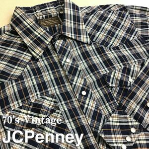 ★USA直輸入!!美品★70’s vintage★【Authentic Western Shirt◎JCPenney】チェック柄 薄手 長袖 ウエスタンシャツ【16 1/2-35】紺 K2-652