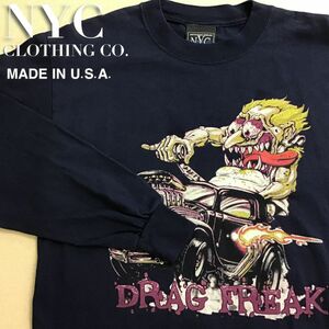 ★アメリカ直輸入!!★USA製★【NYC CLOTHING】DRAG FREAK BIG危ないプリント 長袖 Tシャツ[メンズ M]紺 ストリート スケーター K2-724