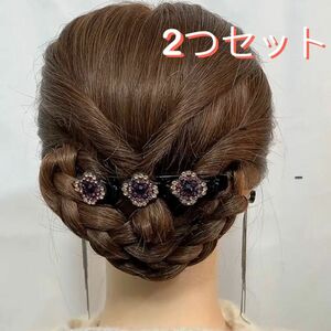 【2個セット】編み込み風 3連 花ヘアクリップ 2点 ヘアピン ヘアゴム 髪飾り　ヘアコーム　ヘアアクセサリー かんざし 女性用