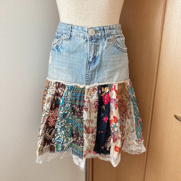 【デニム】 【派手 個性的】春 夏 スカート 柄 sk0003 古着 スカート 総柄 花柄 デニムスカート