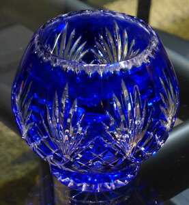 E総カットガラス　ブルー 青被せ　花瓶　フラワーベース　　　検/氷コップカットグラス硝子江戸切子薩摩切子