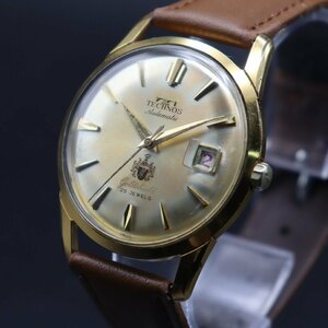 TECHNOS テクノス 自動巻き ゴールドシールド 25石 ジャンク ゴールドカラー デイト 新品革ベルト メンズ腕時計