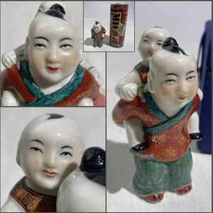 時代　中国美術　色絵　粉彩　人物像　唐人・唐子　箱付　/　時代物　置物　古置物　煎茶飾　陶器人形　.2287　