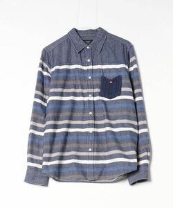 「BEAMS HEART」 ボーダー柄長袖シャツ L ブルー メンズ