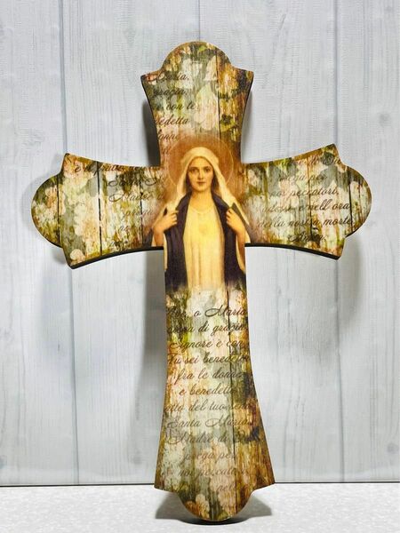 聖母マリアのみ心　板絵十字架　●イタリア製●置物●壁掛け●インテリアに最適
