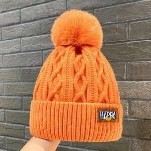 ニット帽子 ビーニー帽子 レディース 冬暖かく ニットキャップ ポンポン付き ソフトニット ビーニー 帽子 防寒 ニットキャップ-オレンジ