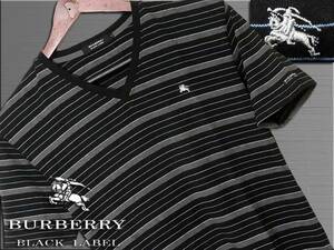 極美品！大人気のブラックボーダー　Tシャツ　ナイト刺繍入　日本製　Mサイズ▼バーバリーブラックレーベル BURBERRY BLACK LABEL