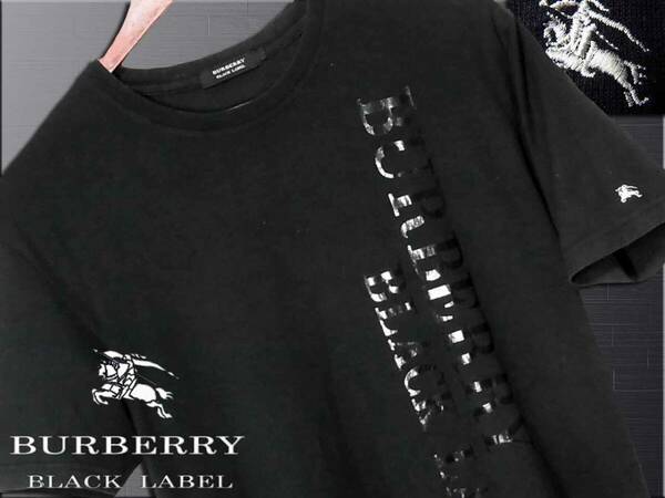 極美品！希少L！ブラック×シャドーブランドロゴプリント　Tシャツ　ナイト刺繍▼バーバリーブラックレーベル BURBERRY BLACK LABEL