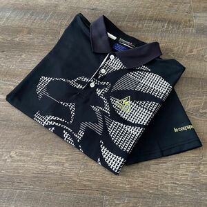 大きいサイズ3L 美品 ルコックゴルフ ライオンプリント ロゴ刺繍 吸汗速乾 半袖 ポロシャツ XXL 2XL ブラック 黒 トップス メンズ ウェア