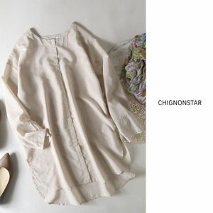 シニヨンスター CHIGNONSTAR☆オーバーサイズ ノーカラーストライプロングシャツ フリーサイズ☆M-B 1711