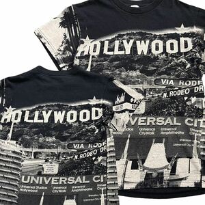 90s HOLLYWOOD 半袖 Tシャツ ブラック 全面 総柄 街 映画 ムービー UNIVERSAL ASAHI ハリウッド スーベニア 00s ヴィンテージ