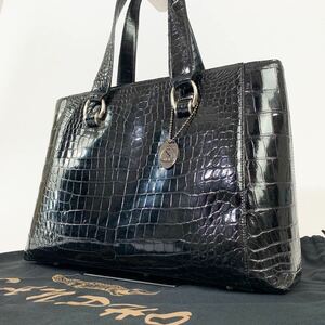  прекрасный товар SANPHO три .JRA экзотический кожа сияющий черный ko крокодил ручная сумочка формальный сумка черный чёрный большая сумка 