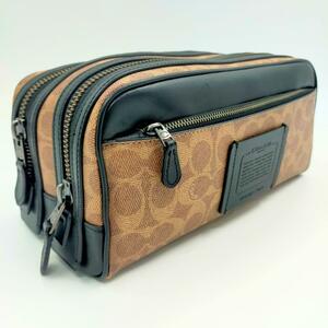 [ beautiful goods ]COACH Coach double fastener Zip men's second bag clutch bag pouch travel signature PVC leather Brown 