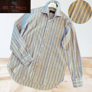 [ rare / beautiful goods ]ETRO Etro stripe total pattern embroidery men's long sleeve shirt cotton 100 cotton Italy made L corresponding multicolor spring summer tops 