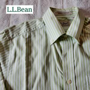 LLBean リンクルレジスタント・シャツ 長袖 黄緑ストライプ US Sサイズ