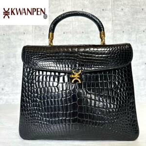 良品 KWANPEN クワンペン シャイニングクロコダイル ワニ革 本革 ブラック 黒 ゴールド金具 フォーマル レザー ハンドバッグ トート