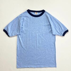 デッドストック☆80s 90s USA製 ANGEEZE リンガー Tシャツ L 霜降りブルー 紺 ビンテージ 無地 トリム ビッグサイズ 水色