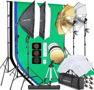 【 LED FOSITAN プロな写真撮影用照明 ソフトボックス 写真照明 95W電球×4 5500K 4色の1.6Mx3M背景布（白、黒、緑、青） 撮影セット