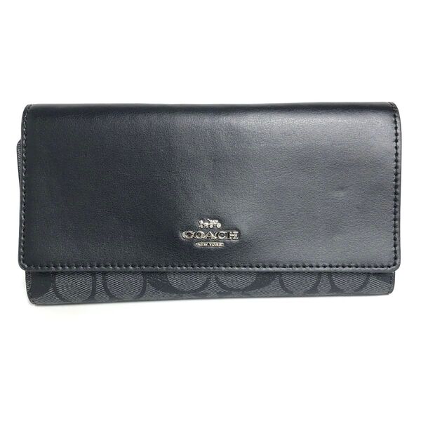 【美品】COACH コーチ 長財布 三つ折り シグネチャー ブラック系カラー 黒