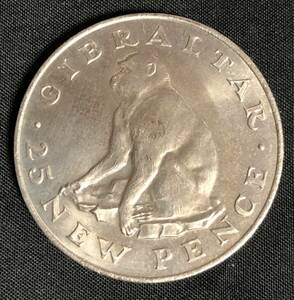 1971年 ジブラルタル 25ニューペンス サル銀貨　重さ28.3g直径3.85㎝.銀貨