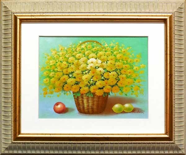 肉筆油彩画 【静物画】 絵画 油絵 平井 舞 肉筆油絵 静物画 花籠 黄色い花 送料無料 |油彩