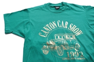 ◆ 90s USA製 CANTON CAR SHOW プリントTシャツ Lサイズ エメラルドグリーン/ビンテージ オールド レトロ アメリカ古着 アメ車 モーター系
