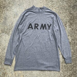 【M】SALE!! US ARMY モックネック プリント 長袖Tシャツ グレー■ビンテージ オールド アメリカ古着 ミリタリー リフレクター ロンT