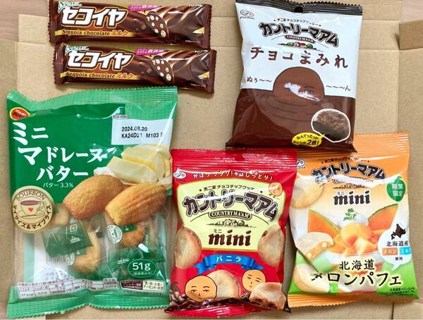 お菓子詰め合わせT1 ミニマドレーヌバター チョコまみれ カントリーマアムminiバニラ 期間限定メロンパフェ セコイヤミルク2本