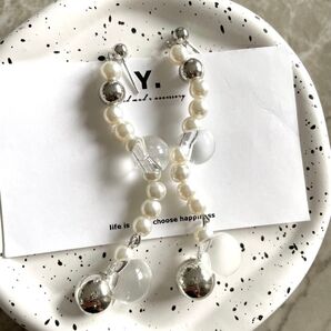 【シンプルパールロングピアス】handmade パール ハンドメイド クリア