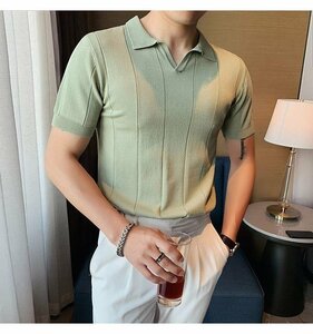 半袖ニット メンズ サマーセーター ニットTシャツ サマーニット トップス カットソー カジュアル グリーン 2XLサイズ