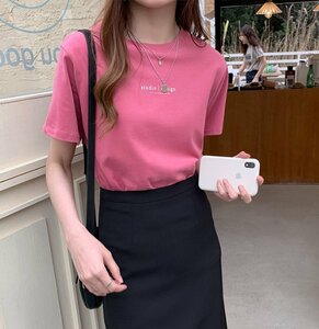 t shirt T-shirt lady's short sleeves simple short asimeto Lee inner spring spring clothes sport pink L