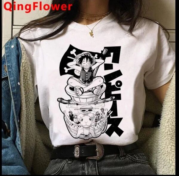 女性のルフィゾロ服、女性のストリートウエア、カップルの服、美的グラフィックTシャツ、白いトップ、ワンピース縦書き