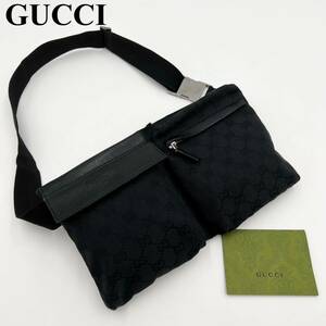 [ прекрасный товар / сумка для хранения есть ]GUCCI Gucci GG парусина кожа кожа корпус талия ремень сумка one плечо металлические принадлежности черный мужской женский 