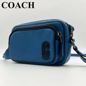 [ ultimate beautiful goods / present ]COACH Coach rare color men's slim shoulder .. Cross body waist shoulder bag badge leather leather blue blue 