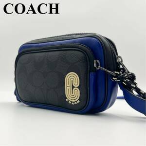 【極美品/現行】COACH コーチ メンズ スリム 肩掛け クロスボディ ウエスト ショルダー バッグ シグネチャ ワッペン 革 レザー ブルー 青