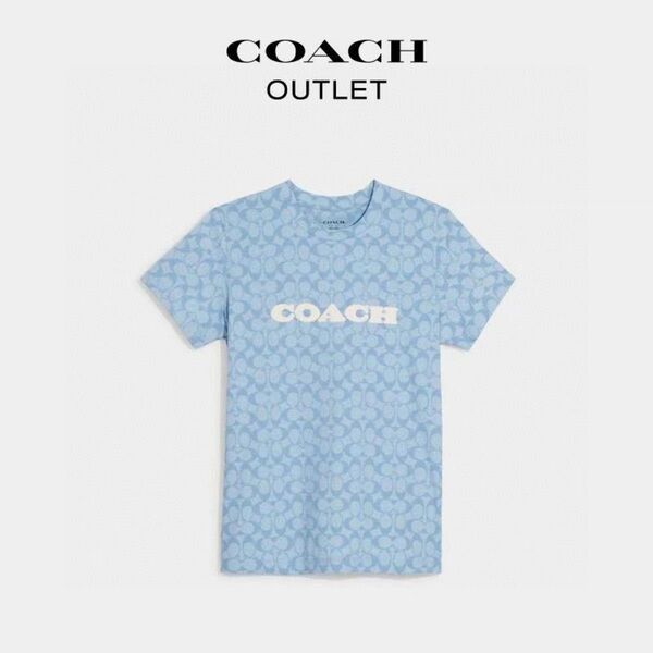 新品 COACH シグネチャーシャンブレーTシャツ M ブルーマルチ 綿100% 165/92A