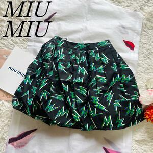 【美品】 MIU MIU 総柄バルーンスカート ブラック グリーン 36 ミュウミュウ S 黒