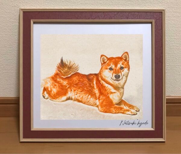 【柴犬 仔犬】肖像画 水彩画 額縁寸法320ミリ×290ミリ 額装品 カラー着色 京藤夏樹真作