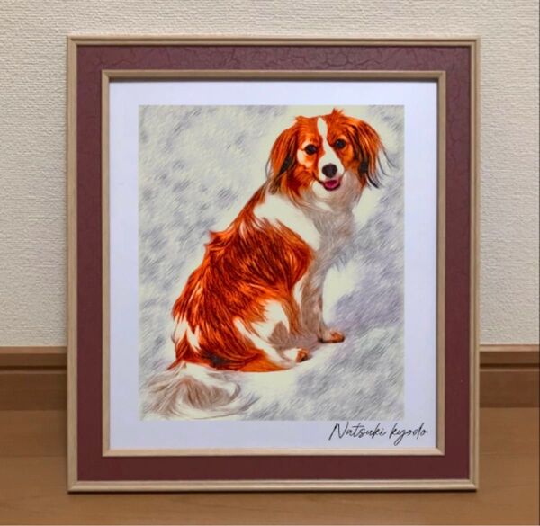 【コーイケルホンデュエ仔犬】肖像画 水彩画 額縁寸法320ミリ×290ミリ 額装品 カラー着色 京藤夏樹真作